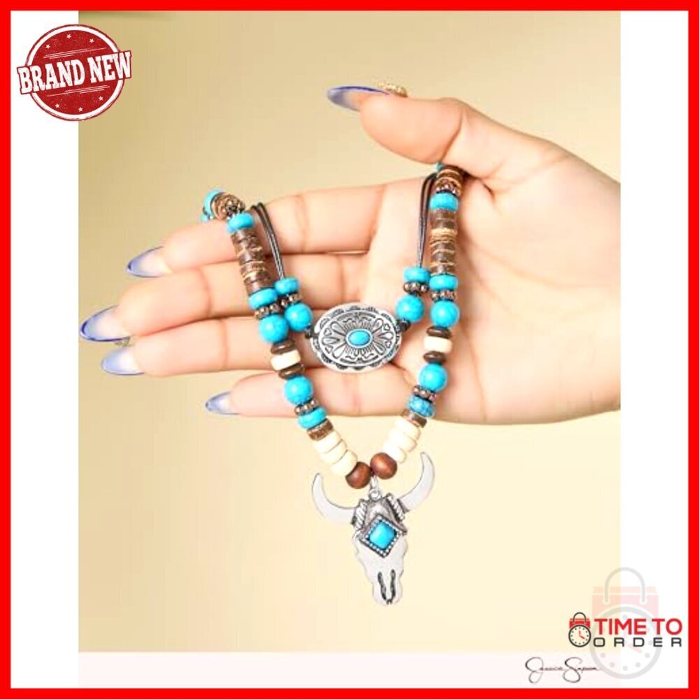 Layered Turquoise Beaded Necklace with Bull Skull Pendant Adjustable - Picture 3 of 6